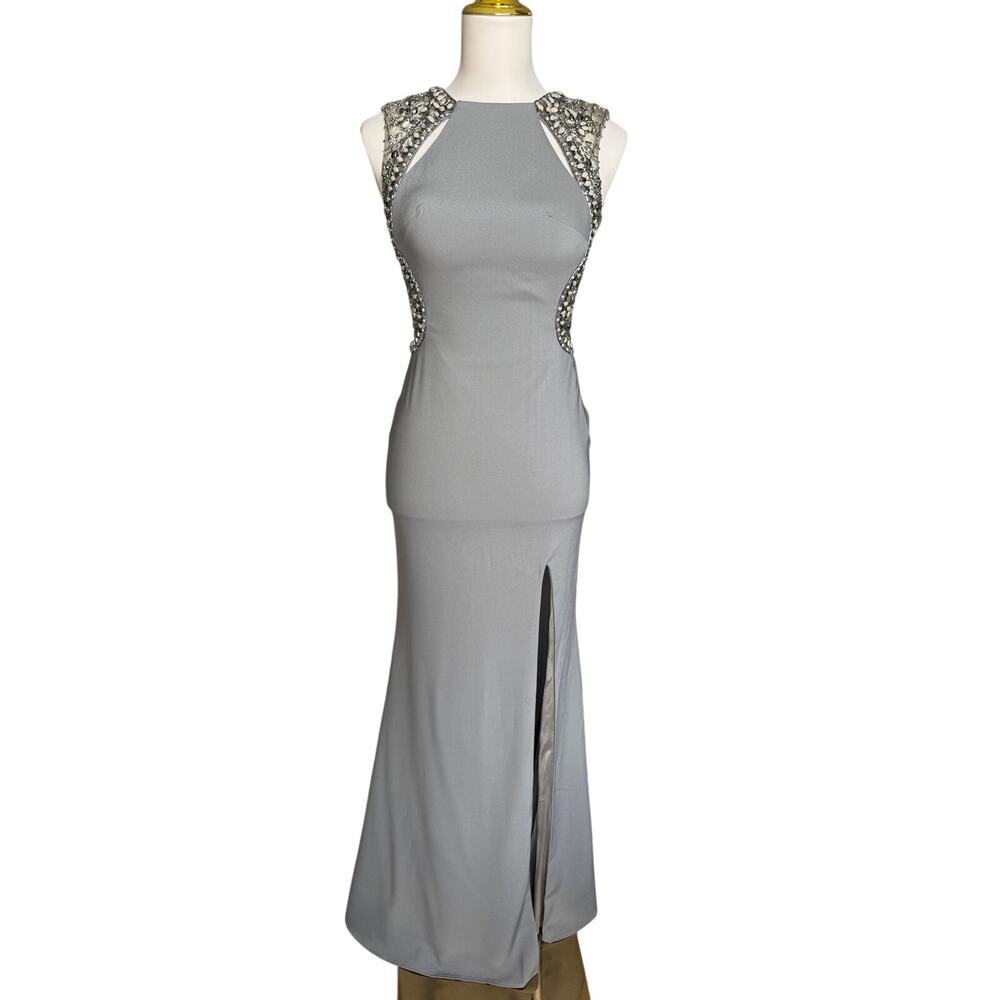 Bicici & Coty NWT Gray Beaded Open Back Wedding Guest Dress Black Tie Gala Gown